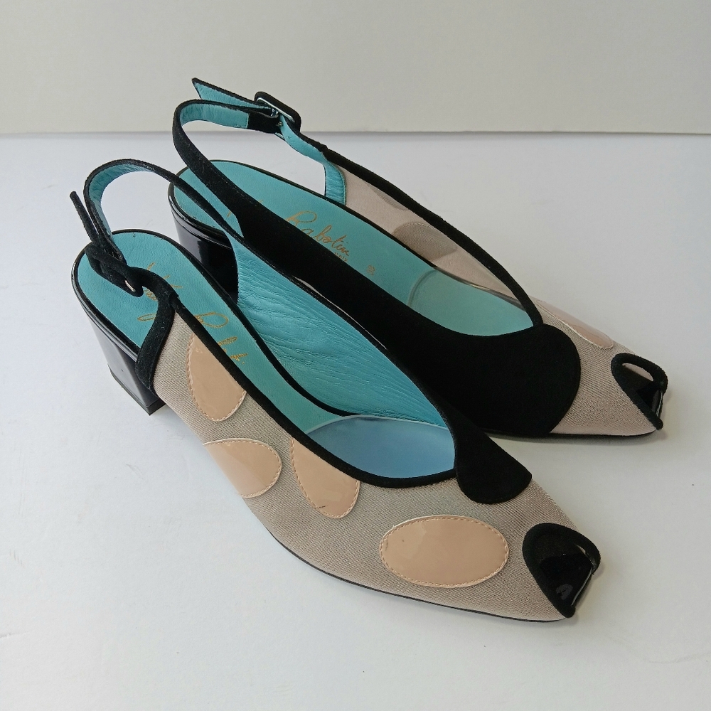 Thierry Rabotin Diana Black Suede & Tan Slingback Heels Size 7.5 US, 38 EU